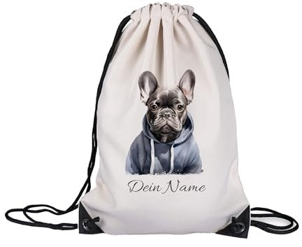 GRAZDesign Turnbeutel Hund mit Namen personalisiert Französische Bulldogge Stoffbeutel für Sport, Schule, Kindergarten, Kinder und Erwachsene