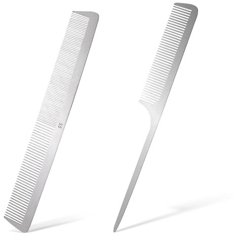 2 PCS Stainless Steel Hair Comb Set - Metal Rat Tail and Flat Top Barber Comb With Metal Pick for Teasing, Styling, and Cutting