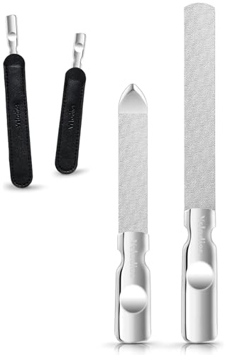Velodios Metal Nail File, Stainless Steel, Double-Sided, Anti-Slip Handle, Reusable, Nail Manicure Tools for Men and Women, Includes Leather Case