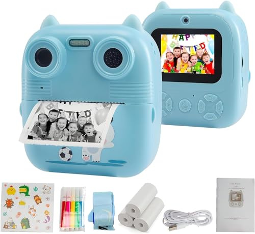 Macchina Fotografica Bambini Istantanea 2.4 Pollici/1080P,32GB Memoria,Slot Espansione Micro SD,3 rotoli di carta da stampa, un regalo perfetto per i tuoi bambini (Blu)