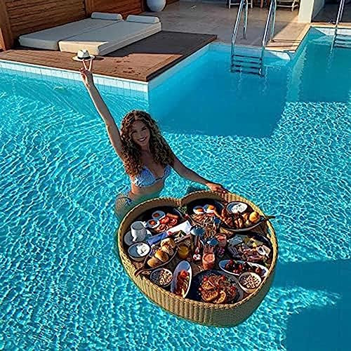 CAFIEDR Bandeja Flotante para Piscina, Jacuzzi, Desayuno, Cesta de Agua, bambú, ratán al Aire Libre, para Servir en la Piscina, Bandeja Flotante para Alimentos, Resistente al Agua y Duradera