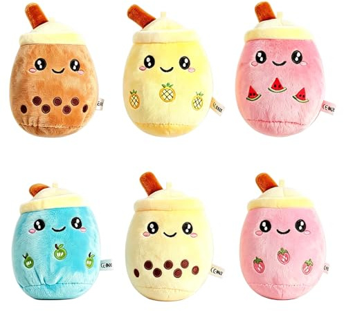 RXKFIGX Set med 6 st kawaii-pärlte-gosedjur nyckelring för ryggsäckar, boba-te, squishmallow, plyschtillbehör, present med Boba-tema, 6 st