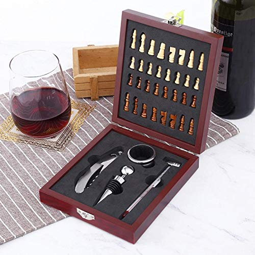 ZHCHAO Tablero de madera de corcho Tapones de tapa de vino Set Herramienta de abrelatas Inicio Visitar Pourer Juego Accesorio Caja de regalo Caja de papel de lámina con ajedrez vintage