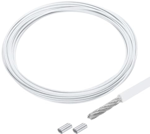 QUARKZMAN 33Ft(10M) Câble Métallique en Acier Inoxydable 304 1/16 (1.5 mm) Revêtement en Vinyle avec 2Pcs Manchons en Aluminium pour Suspendre, Étendre le Linge, Soulever, Blanc