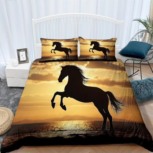 Bettbezug Orange Druck Bettbezug Mit Reißverschluss 220 x 240 cm Mikrofaser Bettbezug Sonnenuntergang Meerblick Pferde für Mädchen und Jungen Leicht zu reinigen Bettwäsche-Set