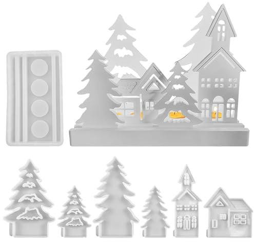 7pcs Christmas Village Silicone Moulds - Christmas House & Candle Holder Moulds for Decorations
