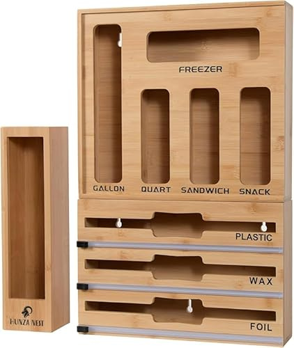 HUNZA NEST Set de organisateur pour cuisine en bambou 9 en 1 Distributeur Film Alimentaire Aluminium ,Organiseur de sac de rangement et boîte de rangement de tiroir en 100% Bambou