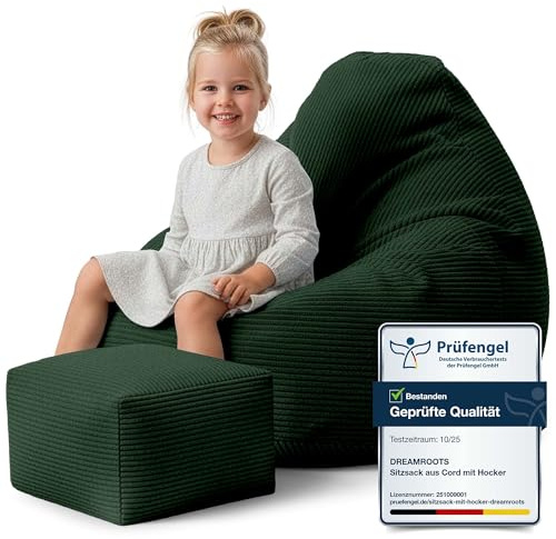 DreamRoots Sitzsack Kinder Cord 70x70x70 cm, Forest Symphony | Bean Bag Sofa, 70x70x70 cm, mit Hocker & Bezug, mit Füllung, waschbar, für Kinder & Kinderzimmer