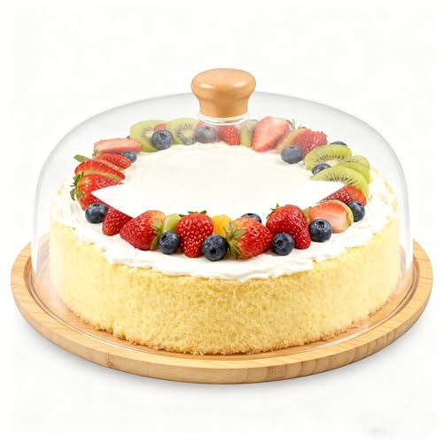 YedZen Wood Cake Stand with Dome Lid, 11inch Wooden Cake Plate with Acrylic Cover＆ Wood Handle, Flat Cake Display Stand for Cakes, Party Wedding, Birthday, Cheese Boards