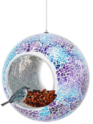 DREAM GARDEN Glass Bird Feeder, Mosaic Fly Through Wild Bird Feeders Garden Hanging Bird Feeder for the Wild Birds, Outdoor Garden Yard Decoration, 14.5 cm