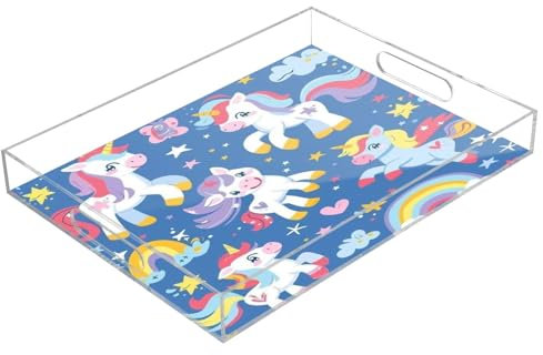 Unicorn Horse Blue Acrylic Serving Trays, Clear Rectangular Tray with Handles Serving Platter for Coffee Table Kitchen Bathroom