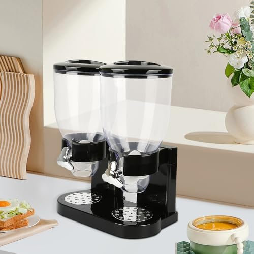 Distribuidores de cereales – Dispenser de caramelo, Muesli, Cornflakes, adecuado para cereales de desayuno, sin BPA, cornflakes dispensador para frutas secas – 35 x 34,5 x 20 cm – Negro – 2 piezas