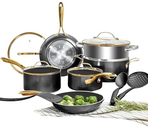 ASerZenith Ensemble De 15 Casseroles Et Poêles en Céramique Antiadhésives, Allant Au Lave-Vaisselle, en Cuivre, Plus De Cinq Pièces(Gold Black-Over 5-Piece Set)