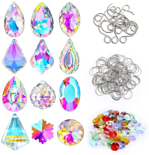 12 Stück Kristall Sonnenfänger Bastelset – Prismen & Perlen für Fenster | 12tlg Bastelset: Kristall-Prismen, Perlen, Ringe, Haken. Für Fenster, Garten, Kronleuchter. Regenbogen. Deko & Set. Box.
