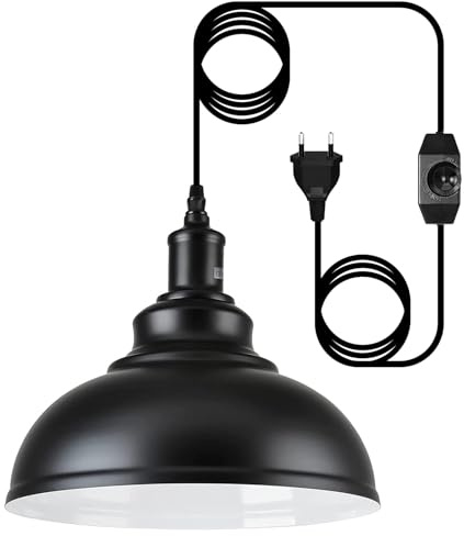 Lampada a Sospensione con Spina, Lampadario da Esterno Vintage in Metallo Nero, E27 Lampada Sospensione con Interruttore Regolabile e Cavo da 4.5m, per Interni Esterno Cucina Giardino Garage, Ø26CM