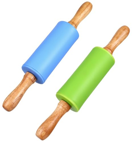 STOBAZA Mini Nudelholz Mit Antihaft-Silikonrolle Und Unabhängigen Holzgriffen Ergonomischer Teigroller Für Kinder Zum Backen Und Pasta Zubereitung 8.86X1.69 Zoll