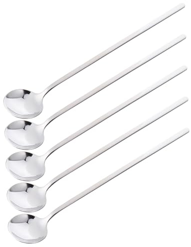 CLISPEED 5 pièces Lot de Cuillères à Dessert Inox à Long Manche Cuillères Rondes pour Café Glace et Confiture Ustensiles Robustes et pour Maison et Café