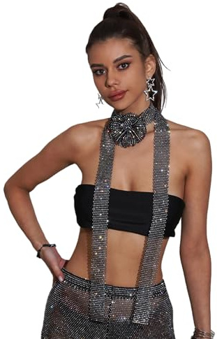 BUBEFSKD Cravatta da donna con paillette, 160 cm, con strass, sottile, sottile, per cocktail, feste, cravatte con glitter per uomini, Nero , Taglia unica