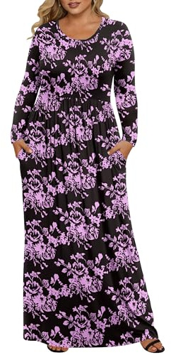 OLRIK Womens Plus Size Maxi Dresses for Curvy Women Fall 2025 Casual Long Sleeve Long Dress with Pockets 1X-5X, Fp-black Orchid, 2X