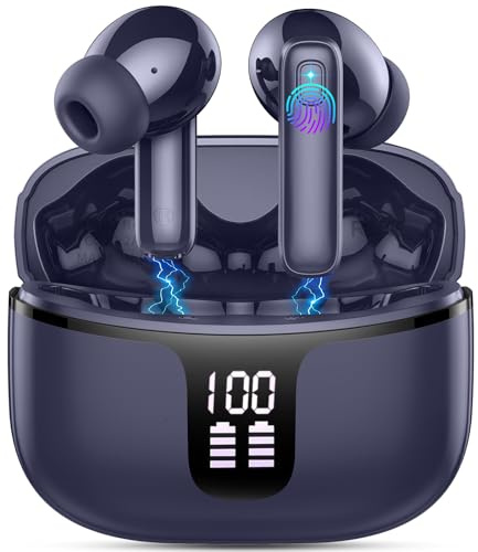 Ecouteurs Bluetooth sans Fil, Écouteurs Bluetooth 5.3 Oreillette Sport Casque HiFi Son avec 4 ENC Mic, 40H Durée de Lecture Écran LED, IP7 Étanche, Contrôle Tactile, Compatible Android and iOS, Bleu