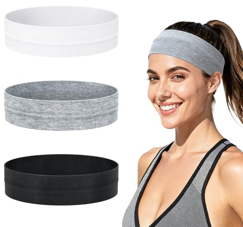 3 Piezas Diadema Mujer, Tela Antideslizante Cinta Pelo Deporte, Bandana Hombre Elástica Absorbente de Sudor, Headband Accesorios Pelo para Correr, Yoga, Gimnasio (Negro, Blanco, Gris)