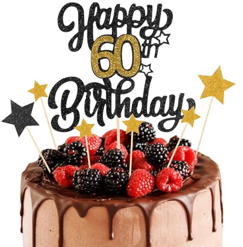 Happy 60th Birthday Cake Topper Glitter Black Gold Cheers to 60 Years Cake Decorations with Star Picks Happy 60 Years Old Birthday Sign Cakes Gift Plugin Anniversary Party Cakes Decorations Supplies