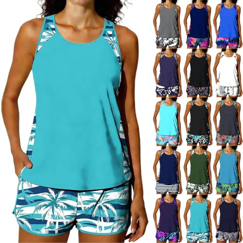 Tankini Sets for Women 2 Piece Swimming Costume Athletic Bathing Suits Hawaiian Tropical Print Modest Swimwear Loose Fit Tank Top with Swim Shorts Padded Sports Swimsuits Ladies Beachwear