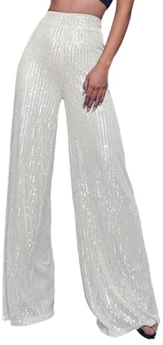 Pailletten Hose Damen Glänzend Schlaghose Elastische Hohe Taille Glitzerhose Extra Lang Pailettenhose Sparkle Glitter Hosen Weites Bein Sommer Freizeithose