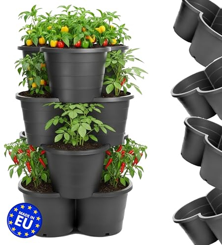 Oramics Pflanzturm im 4er Set stapelbar – Kartoffelturm & Erdbeerturm für Balkon & Terrasse – Platzsparender Vertikaler Garten & Kräuterturm – Wetterfestes Hochbeet Anthrazit – Made in EU