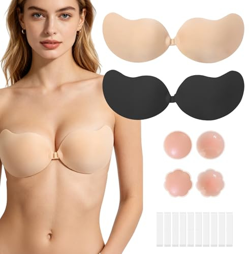 BIVYAX Kit Sujetador Invisible 5 Piezas Push Up, Sujetador sin Tiras Autoadhesivo con Pezoneras y Cinta Adhesiva para el Cuerpo, Silicona Adhesiva para Vestido de Fiesta y Boda Todo Talla Copa C