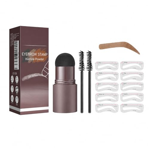 Medium Brown Eyebrow Stencil Kit, Brow Stamp Kit, Eyebrow Powder & Brow Shaper Set - Natural Reusable Templates with Brush, Mirror Compact for Quick Makeup, Hairline & Edges