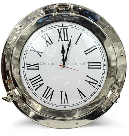 Nagina International Beautiful Nautical Aluminum Nickel Polished Premium Large Home Decor Wall Clock | Ship's Porthole Time's Clock | Metal Craft Gift (12 Inches)