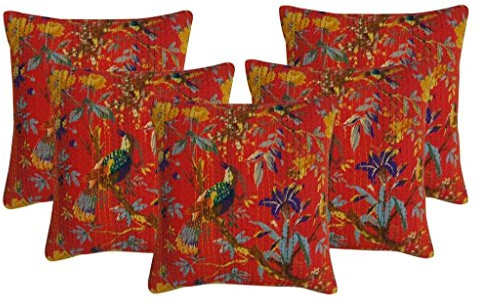Sophia Art Lot de 5 housses de coussin indiennes artisanales vintage brodées ethniques à paillettes patchwork (rouge)
