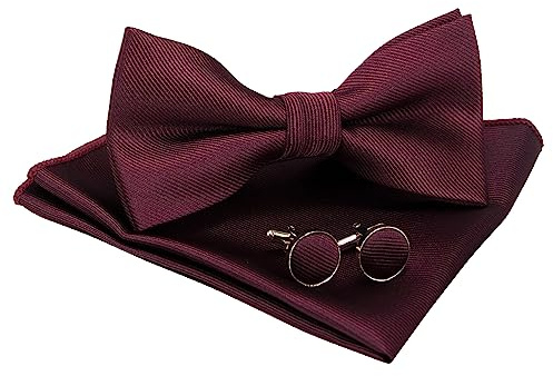 Jomygins Fliege für Herren, verstellbar, aus Seide, Manschettenknöpfe, quadratisches Taschen-Set mit Einstecktuch, inkl. Box Gr. M, bordeaux