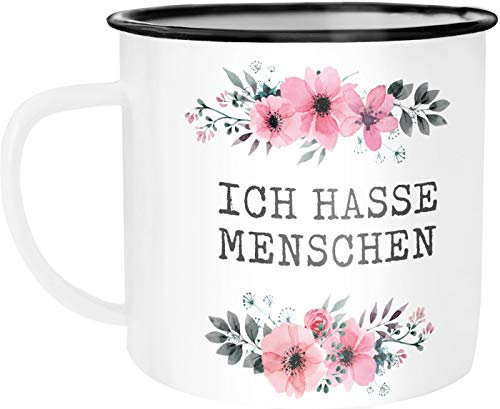 Emaille Tasse Becher Ich hasse Menschen Blumige Grüße Kaffeetasse Moonworks® Ich hasse Menschen weiß unisize