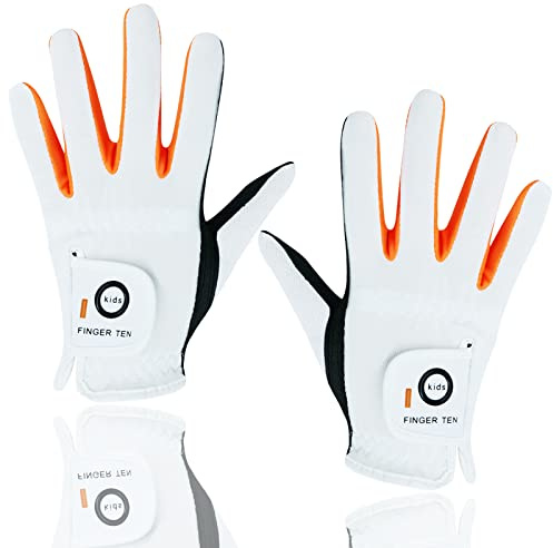 FINGER TEN Gant De Golf Enfant Poignée de Pluie Tous Temps Respirant Deux Mains Value Pair, Gants Golf Temps Doux Et Confortable du Sport en Plein Air Garçon Fille (S,Blanc)