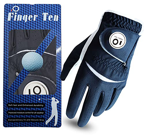 FINGER TEN Gant De Golf Homme Main Gauche Droite Cuir avec Marqueur De Balle Value Pack, Gants Durable Doux Confortable Flexible S M ML L XL Bleu Foncé Rouge Marron