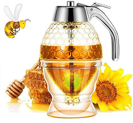 Honey Dispenser, Syrup Dispenser, Beautiful Honeycomb Honey jar, Honey jar with Stand