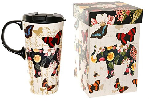 Topadorn Ceramic Mug with Lid Porcelain Latte Mug Coffee Cup 17oz. Elephant, Flower and Butterfly