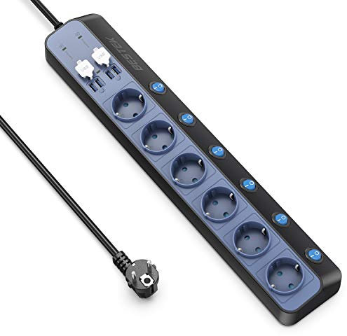 BESTEK Multiprise Parafoudre 6 Prises avec 4 Ports USB Multiples 900J Protection Surtension Et Protection Contre La Foudre, Multiprises Electrique avec Interrupteur Individuel, 3600W, Câble 3 Metres