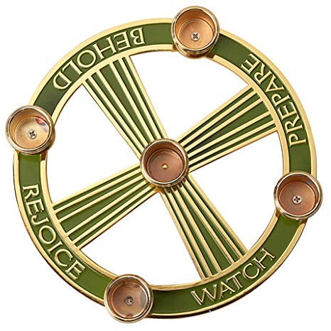 Advent Ring Wreath Candle Holder Gold Tone Brass and Green, with 5 Taper Candles, 7 Inch