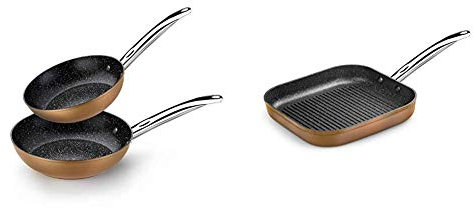 Monix Copper - Set de 2 Sartenes Efecto Cobre, 20-24 cm, Aluminio Forjado + Copper - Grill con rayas 28 x 28 cm de aluminio forjado con antiadherente con partículas de titanio