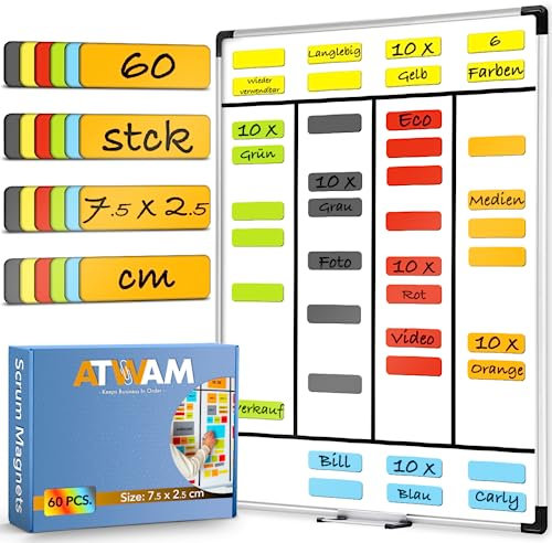 ATWAM - 60 Magnetstreifen Beschreibbar – 75 x 25 mm – 6 Farben - Scrum & Kanban - Beschreibbare Magnete - Für Whiteboard, Magnettafel, Magnetwand & Kühlschrank