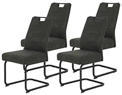 Hela Tische, 4er Set Schwingstuhl Kerstin XL-Breite, Microfaser Anthrazit, Vierkantgestell Schwarz, Komfortsitz Federkorb, 140kg belastbar
