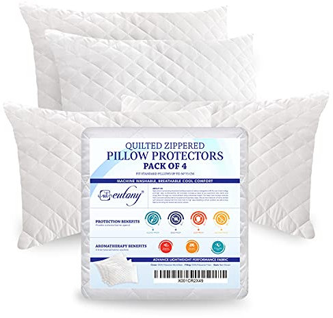 Eutony Quilted Zipped Pillow Protectors 4 Pack - Ultra Luxe, Soft & Breathable Microfiber, Hypoallergenic 50 x 75cm - White