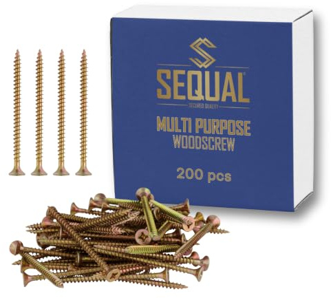 SEQUAL Multi Purpose Wood Screws M4 x 25mm Box of 200, Chipboard Screws, Self Tapping Screws for Wood, MDF, Plastic, uPVC & Sheet Metal, Countersunk Pozi Head