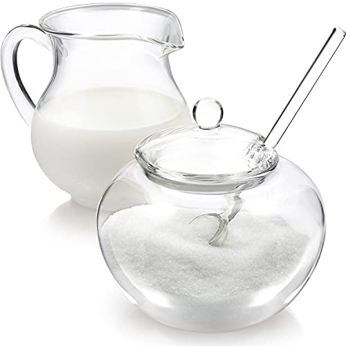 Teabloom Set di zuccheriera e lattiera in vetro borosilicato antimacchia e inodore, per tè o caffè, include brocca per panna, zuccheriera con coperchio e cucchiaio (serve fino a 3-4 persone)