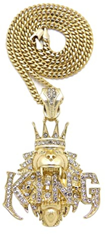 Iced Out King Crown Lion Pendant Box/Cuban/Rope Chain Hhip Hop Fashion Necklace XZ431 (24 Cuban Chain, Gold)