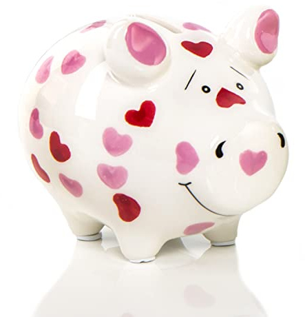 Logbuch-Verlag Sparschwein mit Herzen rot rosa Spardose Geschenk Ostern Geburtstag Glücksschwein aus Keramik 12,5 cm