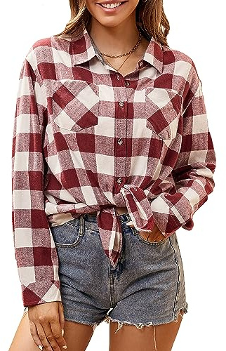 WARHORSEE Plaid Flannel Shirts for Women Long Sleeve, Oversized Womens Casual Flannel Button Down Shirts Blouses Tops,Burgundy/White,L